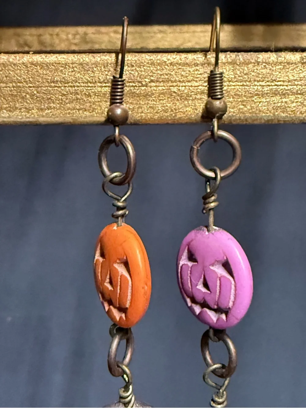 Handmade Stacked Jack-O-Lantern Pumpkin Drop Earrings | Purple Orange Black
